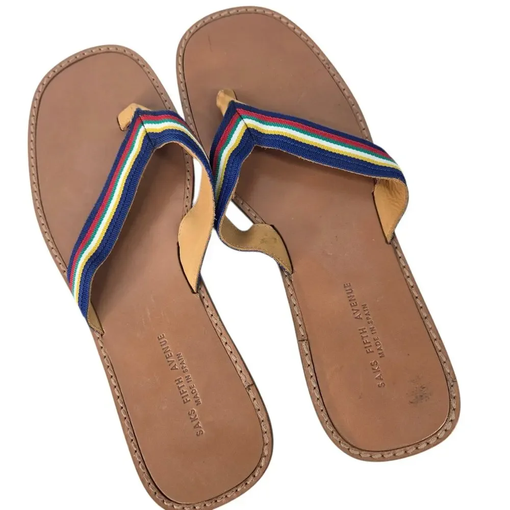Saks Fifth Avenue Leather Flip Flops Striped Ribbon Thong Sandals 11M Spain - Picture 4 of 7